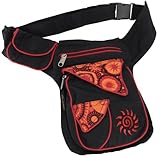 GURU SHOP Stoff Sidebag & Gürteltasche, Goa Hüfttasche, Bauchtasche mit Stickerei Sonne - Schwarz/rot, Unisex - Erwachsene, Baumwolle, 25x20x10 cm
