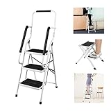 Huini Tritthocker 3 Stufen Trittleiter mit Handlauf Stahl Klapptritt Haushaltstritt Stehleiter Klappbar Stehleiter bis 150 kg für Zuhause/Küche/Büro