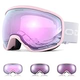 Odoland Skibrille Photochrome für sonnige und bewölkte Tage, Anti-Nebel Snowboard Brille Ski Goggles UV-Schutz für Herren Damen Selbsttönend Schneebrille Rosa