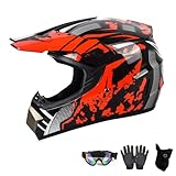 Kinder Motorradhelm,Jugend Offroad-Helme,Downhill Fullface Motocross Helm,MTB ATV MX-Helme,Crosshelme Motorradhelme,Fullface Helm MTB Mit Brille Handschuhe(A,M(54~55cm))