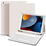 KVTVOU Tastatur Hülle für iPad 9. / 8. / 7. Generation 10,2 Zoll 2021/2020/2019, Drahtlose Bluetooth Abnehmbarer OWERTZ Tastatur, Eingebauter Stifthalter, Weiß
