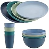 FUNYKICH 12 Teiliges Camping Geschirr Set 4 Personen,Leicht & Unzerbrechlich & Stapelbar Plastikgeschirr Picknick mit Teller,Schüssel, Tassen,Wiederverwendbar Geschirrsets für Picknick,Camping(Blau)