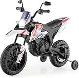 FANTASK 12V Elektromotorrad für Kinder 5,5-6 km/h, Kindermotorrad mit Stützrädern & Musik & Scheinwerfer, schwarz-weißes Motorrad für Kinder von 3 bis 8 Jahren