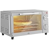 HOMCOM Minibackofen 9L Mini Ofen mit Backblech, Grillrost, 100 °C-230 °C, mit einstellbar Temperatur und Garzeit, 60 Min. Timer, 750W, Edelstahl, Silber