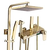 Duschsystem, Gebürstetes Gold, Led-Digitalanzeige, Duscharmatur-Set, Thermostatisches Wand-Duschkombinationsset Mit 20,3 Cm Duschkopf, Wannenauslauf, Handbrause, Bidet-Sprühgerät