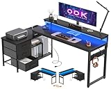 ODK Schreibtisch L Form mit Schubladen, Umkehrbar Eckschreibtisch mit Regal, Gaming Tisch mit LED und Monitorständer, L-förmiger Computertisch mit USB-Ladeanschluss&Steckdose (Schwarz, 174x100cm)