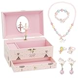 Schmuckkästchen Mädchen, Spieldose mit Ballerinamädchen, Schmuckaufbewahrung Kostenlos für Halskette Armband Ohrclip Ring, Mit Spiegel Schubladen Musik Schmuckbox, Kindergeburtstagsgeschenk Set 3-10