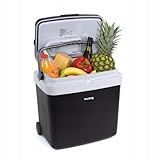 huslog Electrische Kühlbox 33 Liter, auf Rädern, 12 Volt & 230 Volt Anschluss, mit 12-V-Stecker fürs Auto, für Camping, Festivals & Reisen, Reisemobil, Tragbar, Ausziehbarer Griff, Schwarz