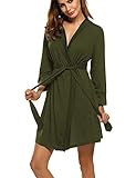 UNibelle Damen Morgenmantel Kurz aus Baumwolle Dünn 3/4 Ärmel Bademantel Kimono Saunamantel Robe Negligee Mit V-Ausschnitt Sommer Armeegrün M