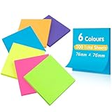 Caianwin 6 Packung Farbige Haftnotizen 76x76mm, Selbstklebende Klebezettel, 50 Blätter/Block Helle Haftnotizzettel Bunte Rechteckig Sticky Notes für Büro Zuhause Schule Sitzung