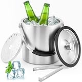 Druuzyl 1,6L Eiswürfelbehälter Edelstahl mit luftdichtem Deckel Sieb und Eiszange, Eiseimer Edelstahl, Doppelwandig Isolierter Flaschenkühler, Tragbarer Eiskübel zum Kühlen von Bier Champagner Wein