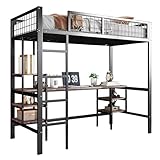 SOFTWEARY Hochbett mit Lattenrost, Schreibtisch, Regal und Trittleiter, 90x200 cm, Metallbett, Kinderbett mit Rausfallschutz, Jugendbett