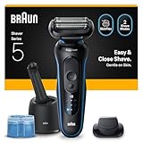 Braun Series 5 Elektrorasierer Herren, Rasierapparat mit 50 Min. Akku, 4in1 SmartCare Reinigungsstation, +1 Aufsatz, Kabelloser Nass- und Trockenrasierer für Männer, Wasserdicht, 52-B7200cc, Blau