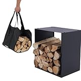 Lendo Online Kaminholzregal + Tragetasche - Innen & Außen - Feuerholzregal - Kaminholzständer - Brennholzregal - Schwarz - Metall (40x28x40cm)