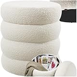 tectake® Hocker mit Stauraum, Scandi Sitzhocker Bouclé Teddy Stoff, Pouf, Polsterhocker rund für Schminktisch, Schlafzimmer, Wohnzimmer Möbel, als Flur Möbel, Stauhocker Wohnen - Bouclé Creme-weiß