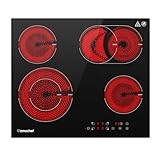 AMZCHEF Glaskeramikkochfeld 4 Zonen, Glaskeramikkochfeld Autark 59cm, Duale und Ovale Zonen fur Gril, 6600W, Kindersicherung, Timer, Touch-Steuerung, 220-240V
