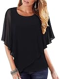 Vafoly Damen Sommer Chiffon Bluse 3/4 arm Bluse Fließend Leicht Doppelt Geschichtet Abendgarderobe Business Freizeitkleidung Täglich Weich und Bequem Schmeichelnde Bluse Schwarz XXL