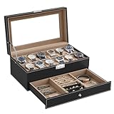 SONGMICS Uhrenbox mit 2 Ebenen, Uhrenkasten, 12 Fächer und 1 Schublade, Glasdeckel, Uhrenkoffer, für Ringe, Armbänder, Samtfutter in Beige, Pu-Bezug in Schwarz JWB012