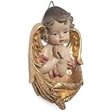 Moritz Wandfigur betender Engel mit goldenen Flügeln - 14 cm hohe Dekofigur aus Polyresin - Wand-Weihwasserkessel als religiöse Wanddekoration - Engelfigur mit Wasserschale