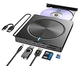 Externes CD DVD Laufwerk USB 3.0 Typ-C, DVD Laufwerk Extern mit SD/TF-Kartenleser und 2 USB-A Anschluss, Portable RW DVD Brenner Extern für Laptop, Desktop, MacBook, iMac, Win 11/10/8/7/XP/Linux/MacOS