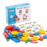 Nudorpn Musterblöcke Aus Holz - Geometrisches Tangram Puzzle Bildungsspielzeug,Kreatives Vorschulspielzeug Ab 3 Jahre Für Feinmotorik Geometrisches Verständnis