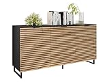 Mirjan24 Kommode Tranai 3D mit 3 Türen, gefräster Front, B:150 x H:76 x T:40 cm, Highboard, Anrichte, Sideboard, Mehrzweckschrank, Wohnzimmerschrank (Schwarz Graphit/Eiche Wotan)