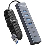 7-Port USB Hub 3.0 mit 120cm Kabel für Desktop, Aluminium USB Verteiler 5Gbps Multiport Adapter mit 4 USB-A & 3 USB-C Port, 5V 3A Type-C Port für PC, Laptop, MacBook, U-Disk, Maus