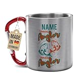 Tassendruck Edelstahl-Tasse mit Name selbst gestalten - Einmal Angler, immer Angler - Geschenk für Angler, Petri Heil, Geburtstagsgeschenk - Personalisiertes Geschenk, Karabiner-Tasse, 200 ml