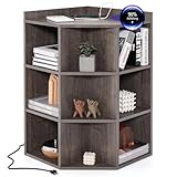 COSTWAY 3-stöckiges Eck-Bücherregal mit Ladestation, Eckregal mit 9 Fächern, 2 USB-Anschlüssen & 4 Steckdosen, Aufbewahrungsregal für Schlafzimmer, Wohnzimmer (Graue Eiche)