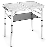 Klapptisch, Sportneer Verstellbare Höhe Camping Tisch mit Mesh Aufbewahrungsmöglichkeit, 60 x 40cm Klappcampingtisch mite Aluminium Beinen für Outdoor Camping, Picknick, Strand, Hinterhof