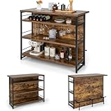 KOMFOTTEU 2 in 1 Bartisch mit stauraum, Barschrank Hausbar mit 4 Ebenen Weinregal & Glashalterung, Highboard Thekebar mit verstellbare Füße, 120 x 60 x 101 cm (Braun)