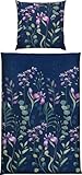 Erwin Müller Mako-Satin Bettwäsche Blumen und Blätter dunkelblau Größe 80x80 cm / 135x200 cm - mit Digitaldruck, seidig weiche Qualität, temperaturausgleichend, mit Reißverschluss