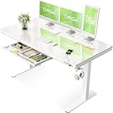 OffiGo Glas Höhenverstellbarer Schreibtisch, 140 x 60 cm Elektrischer Schreibtisch mit Schublade, Ganze Tischplatte mit USB und Type-C, Standing Desk, Steh-Sitz Glastisch für Home Office Büro, Weiß