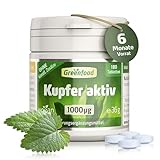 Kupfer Tabletten - Hochdosierte 1.000 µg Kupfer pro Tablette (180 vegane Tabletten) - Unterstützt Energiestoffwechsel, Immunsystem & Pigmentierung - ohne Zusätze & Gentechnik - Greenfood Kupfer aktiv