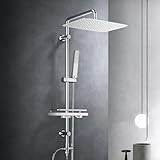 Görbach Regendusche Duschset Duschsystem mit Ablage Chrom Duschstangeset ohne Duscharmatur mit Kopfbrause 35x25cm