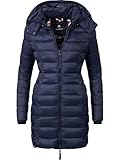 MARIKOO Damen Wintermantel Warmer Steppmantel lang mit Abnehmbarer Kapuze Abendsternchen Blau Gr. S
