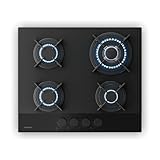 Klarstein Velaire Gaskochfeld, 4-Brenner Glas Gasherd, 8000W, 60cm, Flüssiggas & Erdgas, Elektrische Zündung, Flammenausfallschutz, inkl. Umrüstsatz & Schlauchset, Schwarz