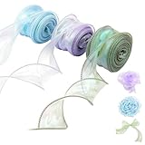 Organzaband Schillernd, 40mm x 9m, 3 Rollen in Lila/Blau/Grün, Transparentes Chiffonband für Dekoration und Geschenkverpackung