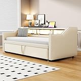 BRILVERDE Schlafcouch Polsterbett mit Ausziehbett 90x190cm/180x190cm, Klappsofa mit LED-Licht und USB-Buchse, Couch Bett 2 Sitzer mit Schlaffunktion, Leinenstoff, Beige Ohne Matratze (Weiß)