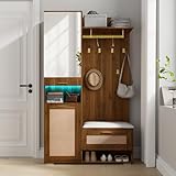 Juabett Garderobenset, Flurgarderobe Set mit Schuhbank, Spiegel, Spiegel und Schuhschrank, mit 4 Kleiderhaken und Polster Sitzbank, Garderoben Set, Kompaktgarderobe (110Lx38Bx190H-Walnuss-Holzoptik)