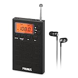 PRUNUS J-125 Taschenradio UKW/AM/FM Mini Radio mit Kopfhörern, Tragbares Radio Klein mit Voreinstellung/Timer/Wecker,Tastensperre, Kleines Radio mit AAA-Batterie betrieben zum Wandern, Reisen.