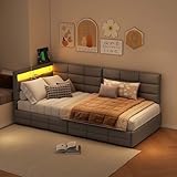 LIVLUX Polsterbett Schlafsofa 90x200,Einzelbett mit LED-Beleuchtung und USB,Jugendbett mit 2 Schublade und Lattenrost,Tagesbett, ohne Matratze (Hellgrau, 90x200 cm)