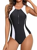 Charmo Damen Badeanzug Bauchweg Sport Schwimmanzug Einteiler Vorne Reißverschluss Bademode mit Cups Swimsuits for Women