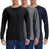 3 Pack Herren Langarmshirts Baumwolle T Shirt Rundhals Basic Longsleeve Ideal für Arbeit Freizeit Unterhemden Sport Cotton Langarm Tshirt Set Männer Schwarz/Marineblau/Dunkelgrau L