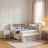 Vidacharmy Kinderbett 140x200 cm, Holzbett mit Schubladen, Kopfteil mit Rausfallschutz, Bett mit Lattenrost und Stauraum, Jugendbett, Funktionsbett, Praktisches Jugendzimmer Kojenbett, ohne Matratze