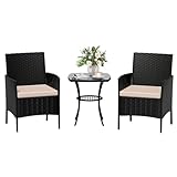 Amopatio Rattan Gartenmöbel Set, Balkonmöbel Set Kleiner 3 teilig, Outdoor Gartenlounge Wetterfest, Bistrotisch mit 2 stühlen, Terrassenmöbel für Terrasse, Balkon, Schwarz