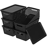 Citylifehouse 6x 5L Aufbewahrungsbox mit Deckel, Gewobene Kunststoff-Aufbewahrungsboxen, Schwarz Organizer box, Stapelbare Aufbewahrungsbehälter mit Deckel mit robusten Griffen, 27.70×18.20×10.20 cm