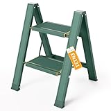 KULACO Trittleiter 2 Stufen Klappbar, 150kg Kapazität mit Breiten Anti Rutsch Pedalen, Aluminium Klapptritt, Multifunktionsleiter für Zuhause, Speisekammer, Innen und Außenbereich, Grün