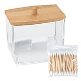 Wattestäbchen Behälter, Wattepadspender Aufbewahrung Hälter, Kosmetikpads/Ohrstäbchen/Make Up Organizer Behälter mit Bambus Deckel, für Badezimmer Schminktisch, mit 100 Wattestäbchen - Quadrat