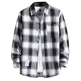 Herren Kariertes Hemd Langarm Freizeithemd Regular Fit Karohemd Flanell Trachtenhemden Männer Button Down Arbeitshemd Tunika Casual V-Ausschnitt Oberteile #08Elfenbein XL